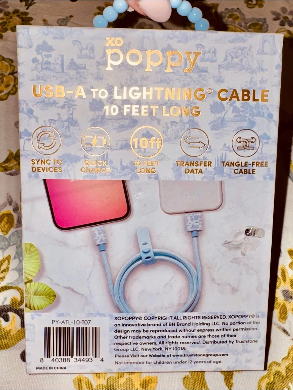 NIB🩶xo Poppy 10ft Light Blue USB-A to Lightning Braided Charging Cable - toile🩶